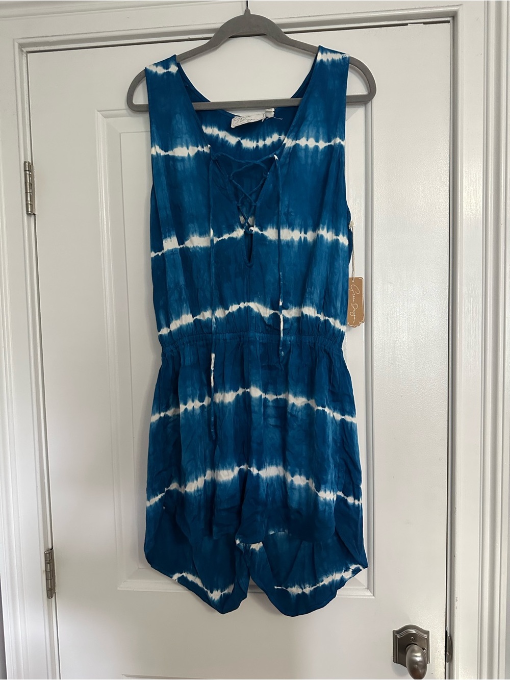 Green Dragon Blue and White Tie-Dye Lace-Up Top